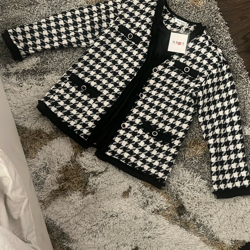 Black and White Houndstooth Blazer with Solid Trim